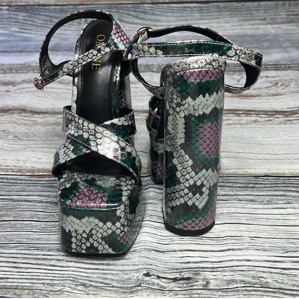 OMINE Women’s Platform 6.5” Heels – Purple/Silver/Green/Black – Size 6